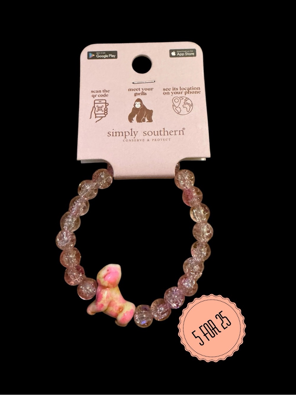 Simply Southern NWT Gorilla Tracking Stretch Bead Bracelet Pink Gorilla Charm